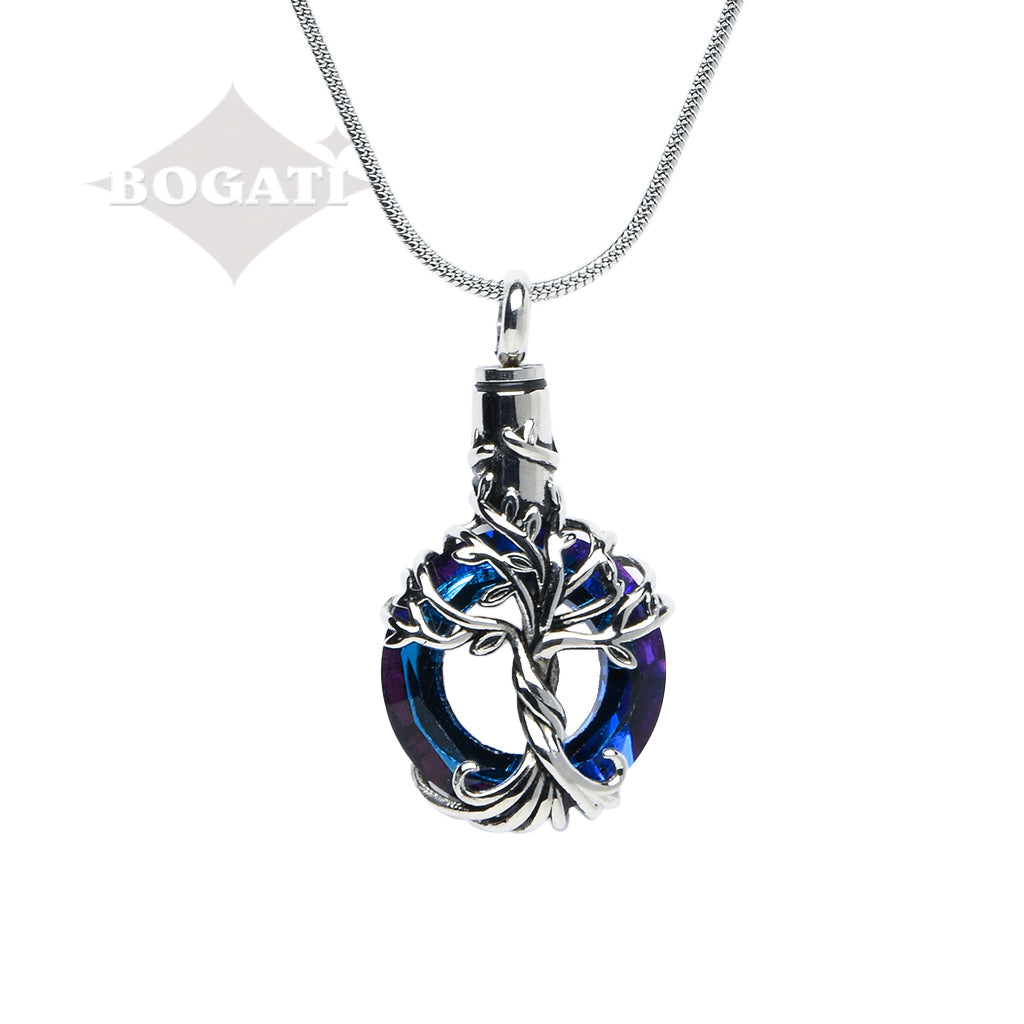 J-2510 - Iridescent Cut Glass Circle with Tree of Life - Pendant with Chain Dark Blue-Purple