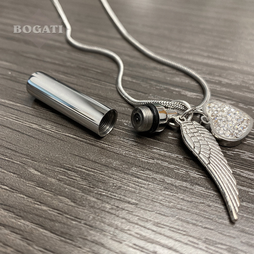 J-206 - Silver-tone Cylinder with Angel Wing and Crystal Heart - Pendant with Chain