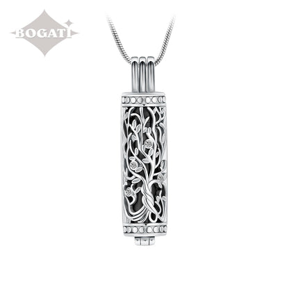 J-2070 - Ornate Cylinder Vines And Flowers Pendant With Chain Black