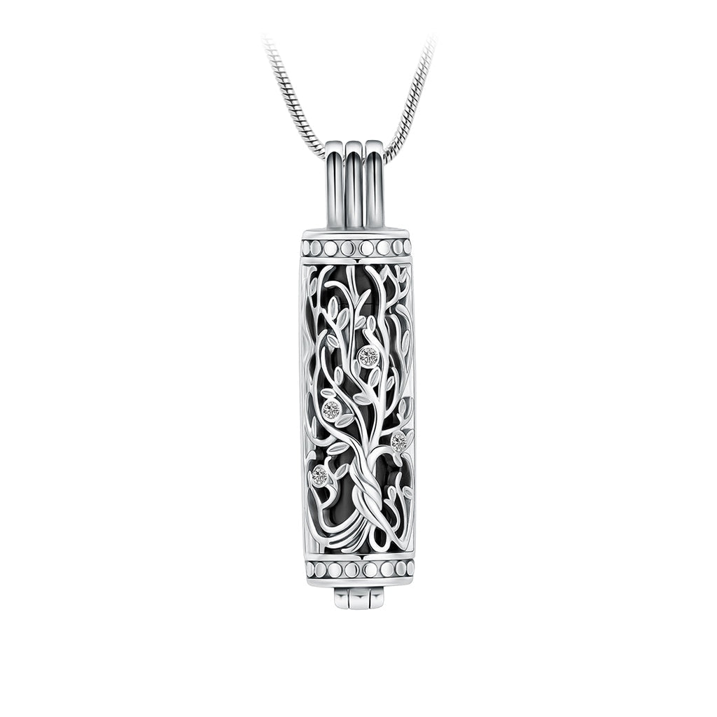 J-2070 - Ornate Cylinder Vines And Flowers Pendant With Chain Black