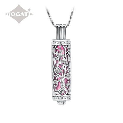 J-2070 - Ornate Cylinder Vines And Flowers Pendant With Chain Pink