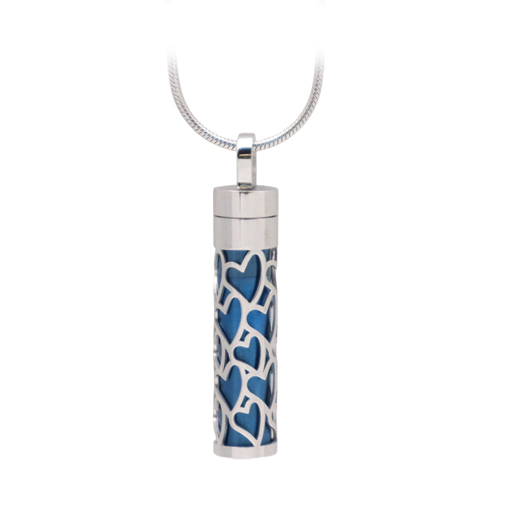 J-2090- Silver Carved Heart Cylinder - Pendant with Chain Blue