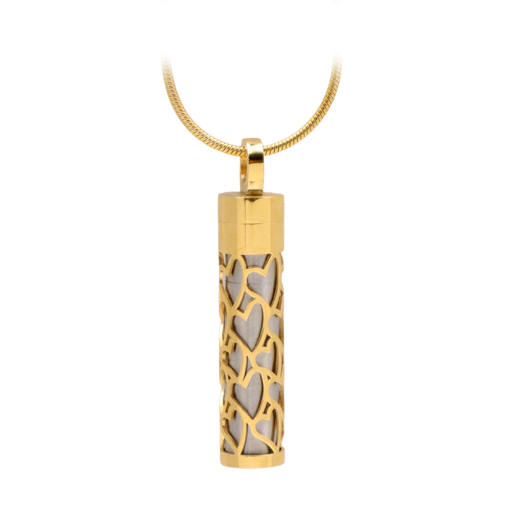 J-2090- Silver Carved Heart Cylinder - Pendant with Chain Gold