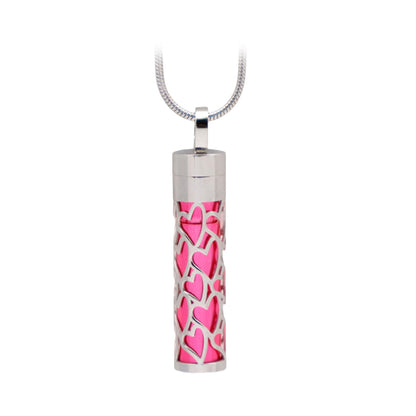 J-2090- Silver Carved Heart Cylinder - Pendant with Chain Pink