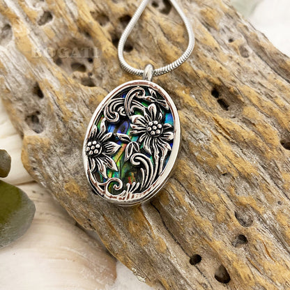 J-2108 - Oval with abalone and silver-tone flowers detail - Pendant with Chain