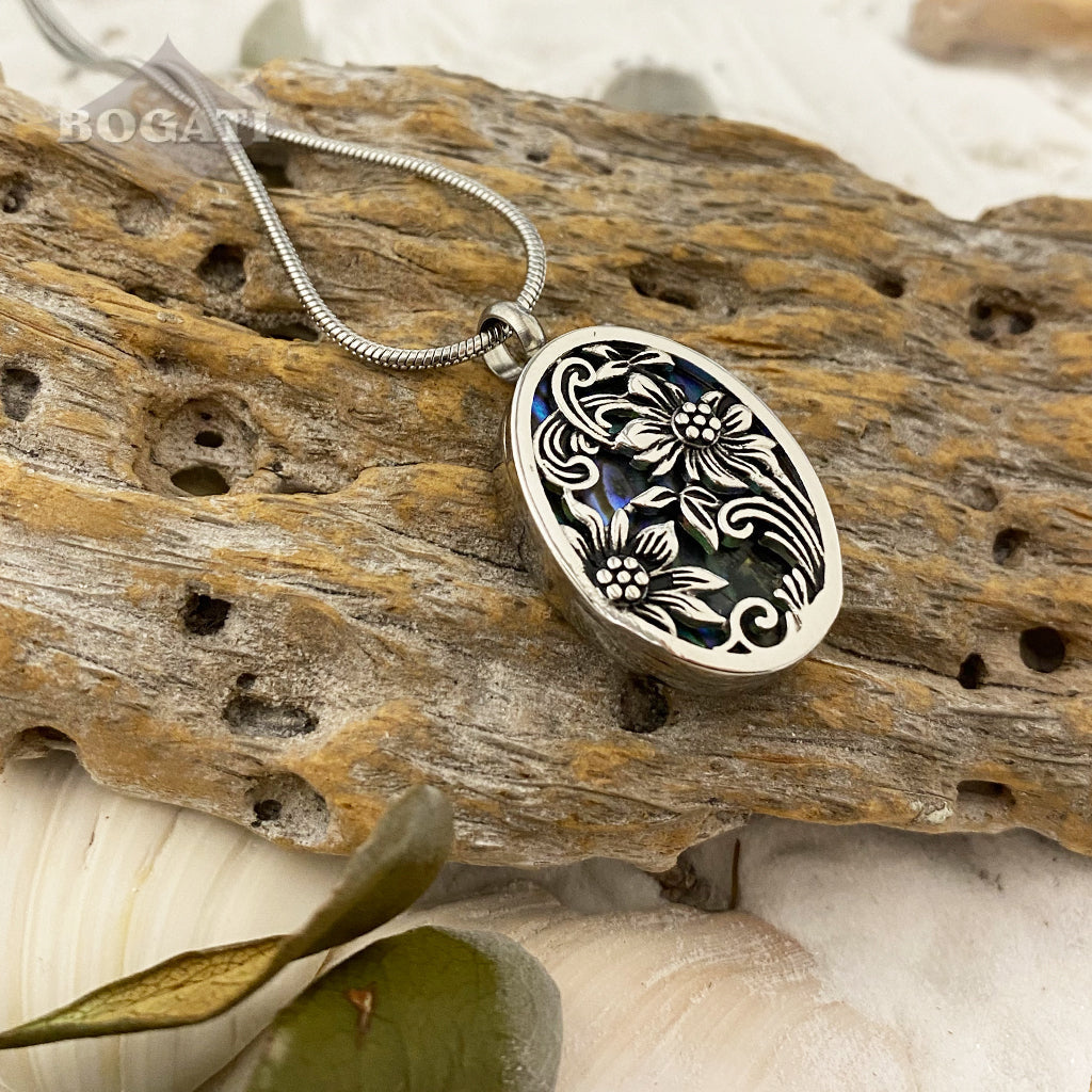 J-2108 - Oval with abalone and silver-tone flowers detail - Pendant with Chain