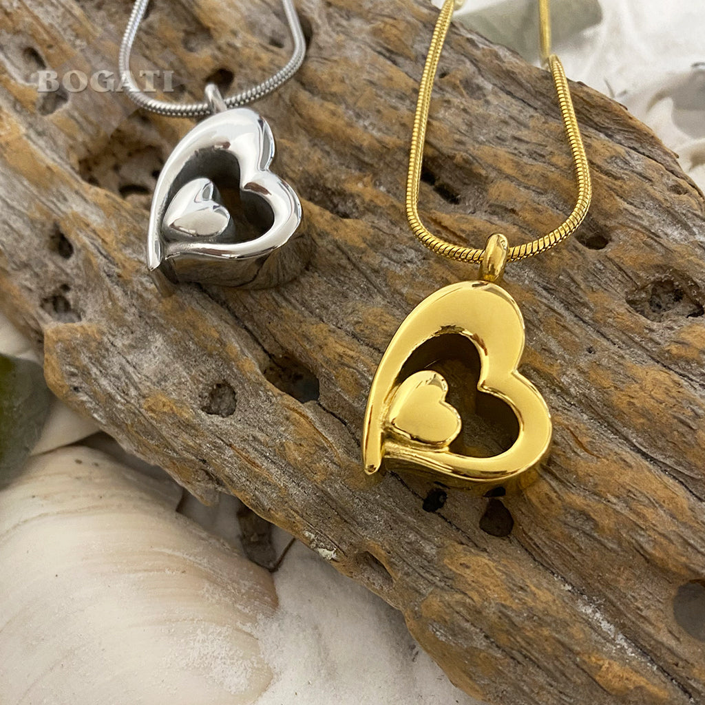 Heart Within A Heart - Memorial Necklace in Silver and Gold  color - Bogati