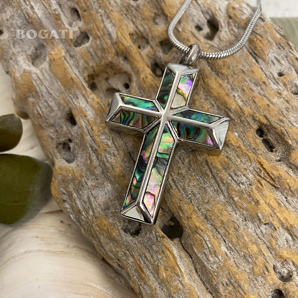  Beveled Abalone Cross - Cremation Pendant with Chain