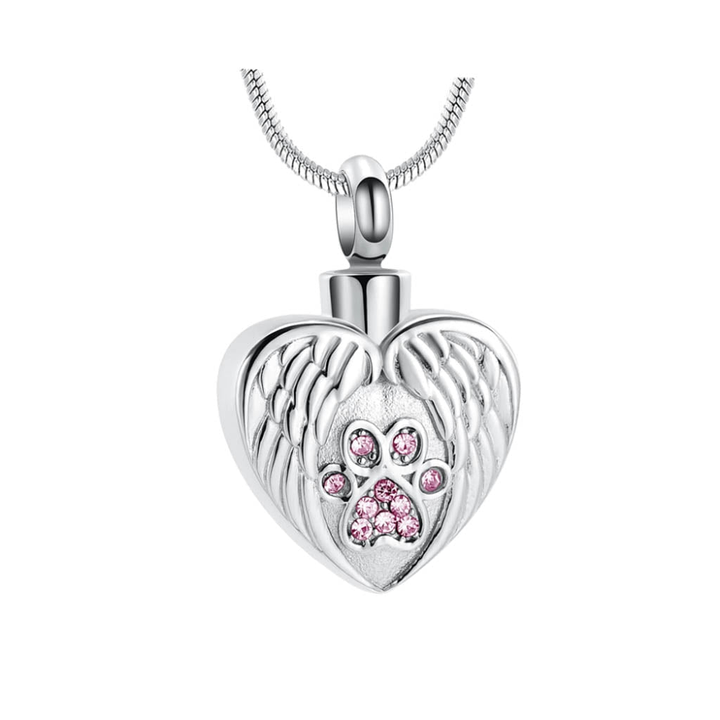 J-225 - Winged Heart with Paw Print - Pendant with Chain - Pink