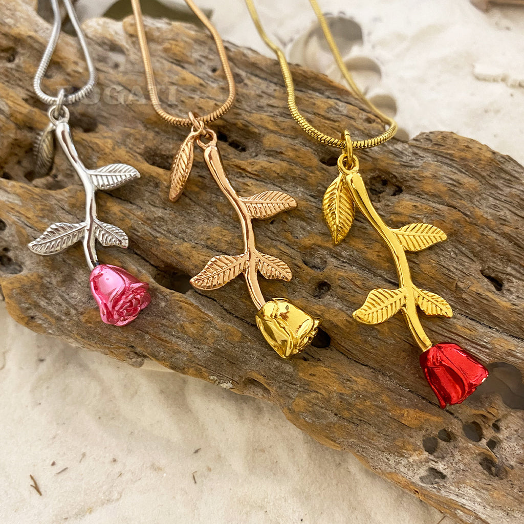 J-2324 - Rose Flower with Stem and Leaves - BOGATI EXCLUSIVE! - Pendant with Chain