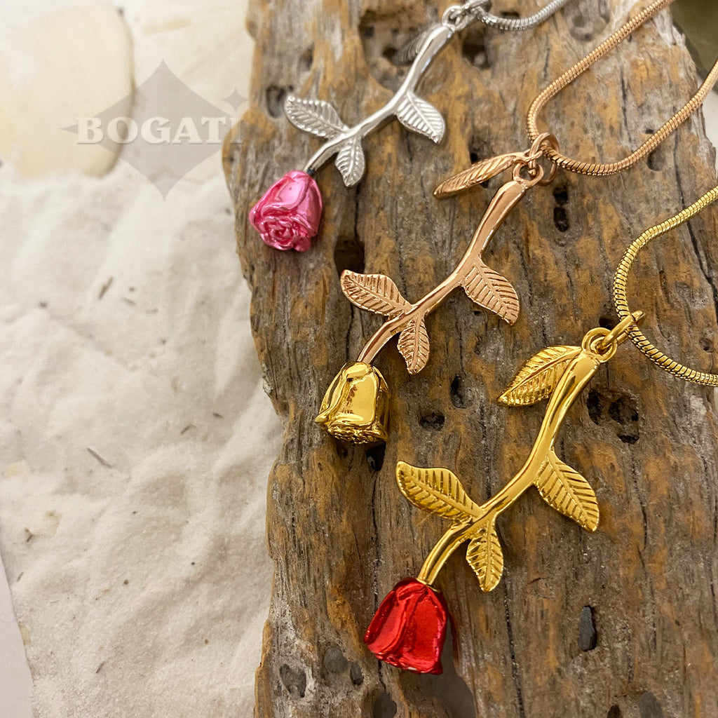 Rose Flower with Stem and Leaves - BOGATI EXCLUSIVE! Memorial Necklace