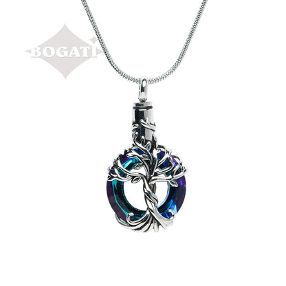 J-2510 - Iridescent Cut Glass Blue-Green Circle with Tree of Life - Pendant with Chain