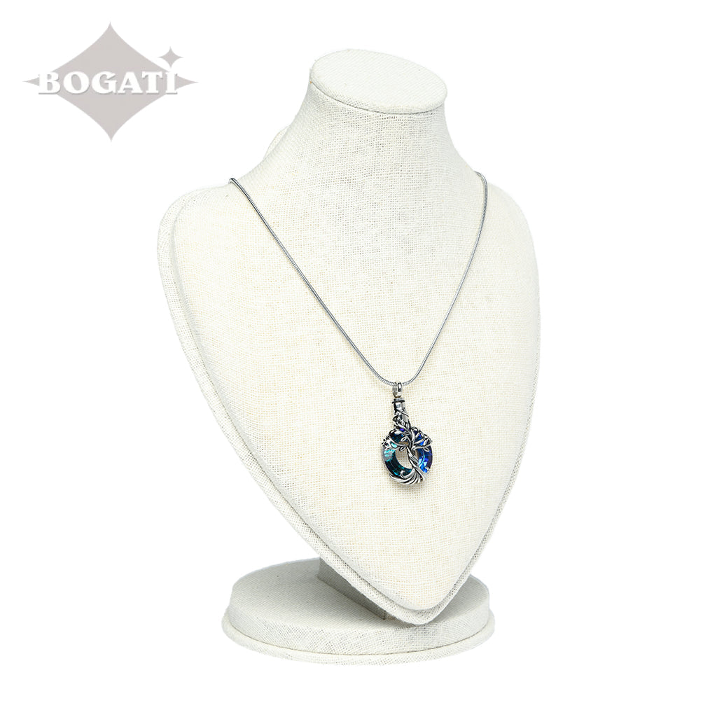 J-2510 - Iridescent Cut Glass Blue-Green Circle with Tree of Life - Pendant with Chain