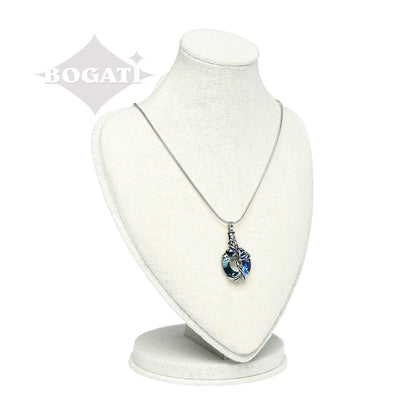J-2510 - Iridescent Cut Glass Blue-Green Circle with Tree of Life - Pendant with Chain
