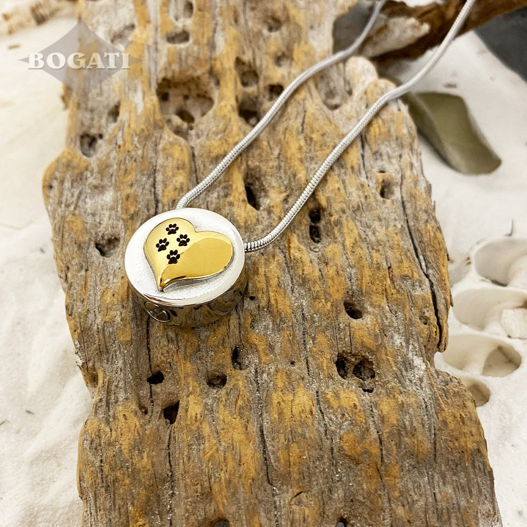 Silver circle with gold heart and pawprints - memorial Necklace