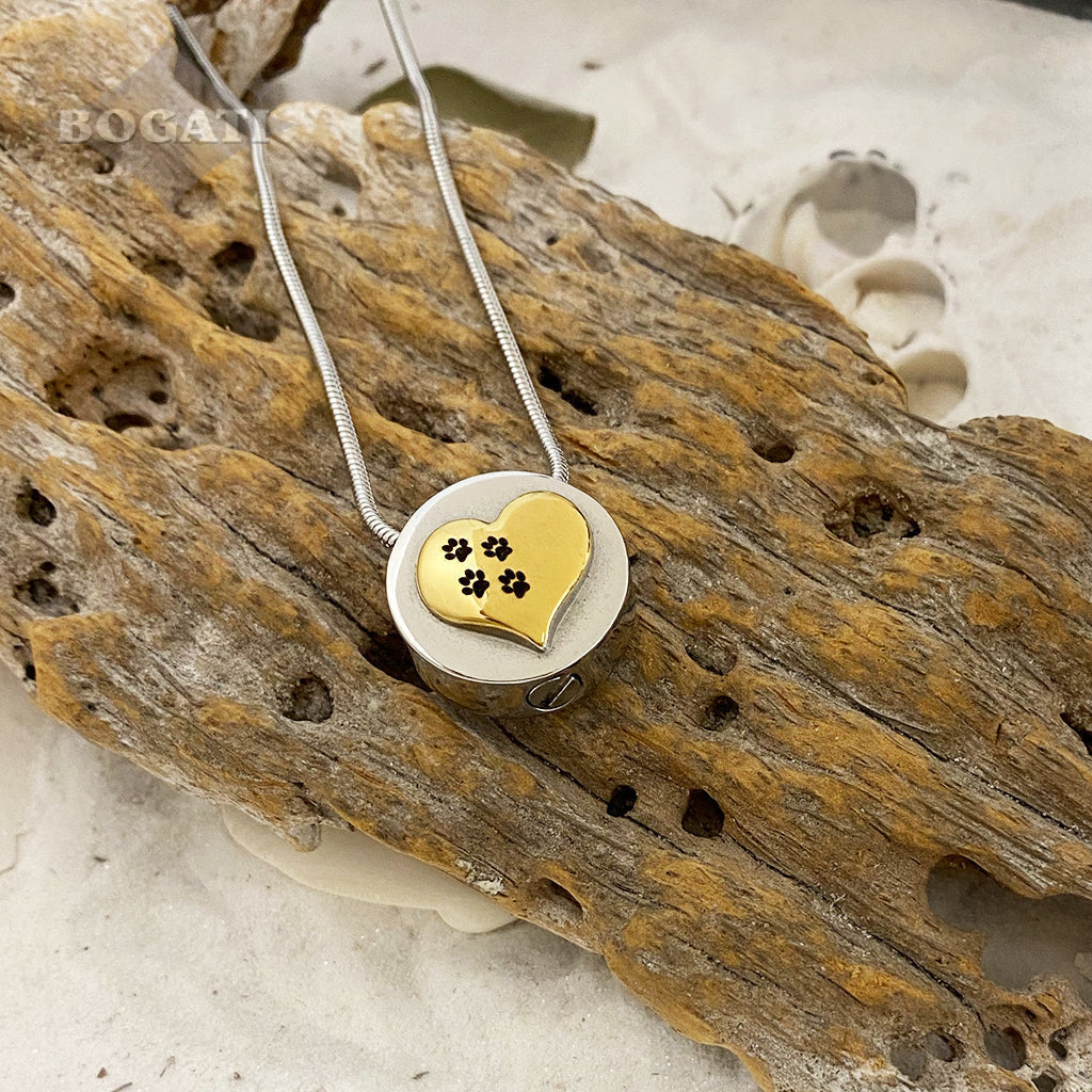 Silver circle with gold heart and pawprints - memorial Necklace