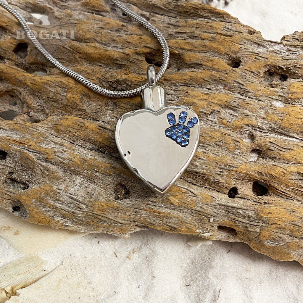 J-425 Sparkling Paw Print Silver-tone Heart - Pendant with Chain