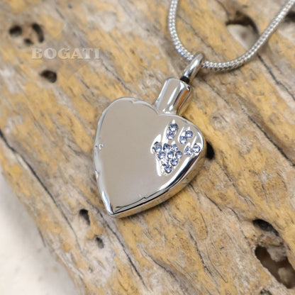 J-425 Sparkling Paw Print Heart - Pendant with Chain