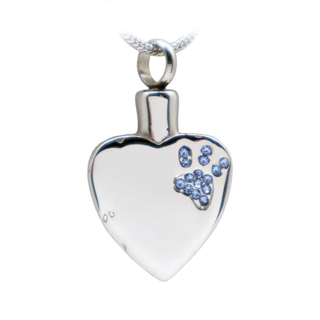 J-425 Sparkling Paw Print Heart - Pendant with Chain Blue