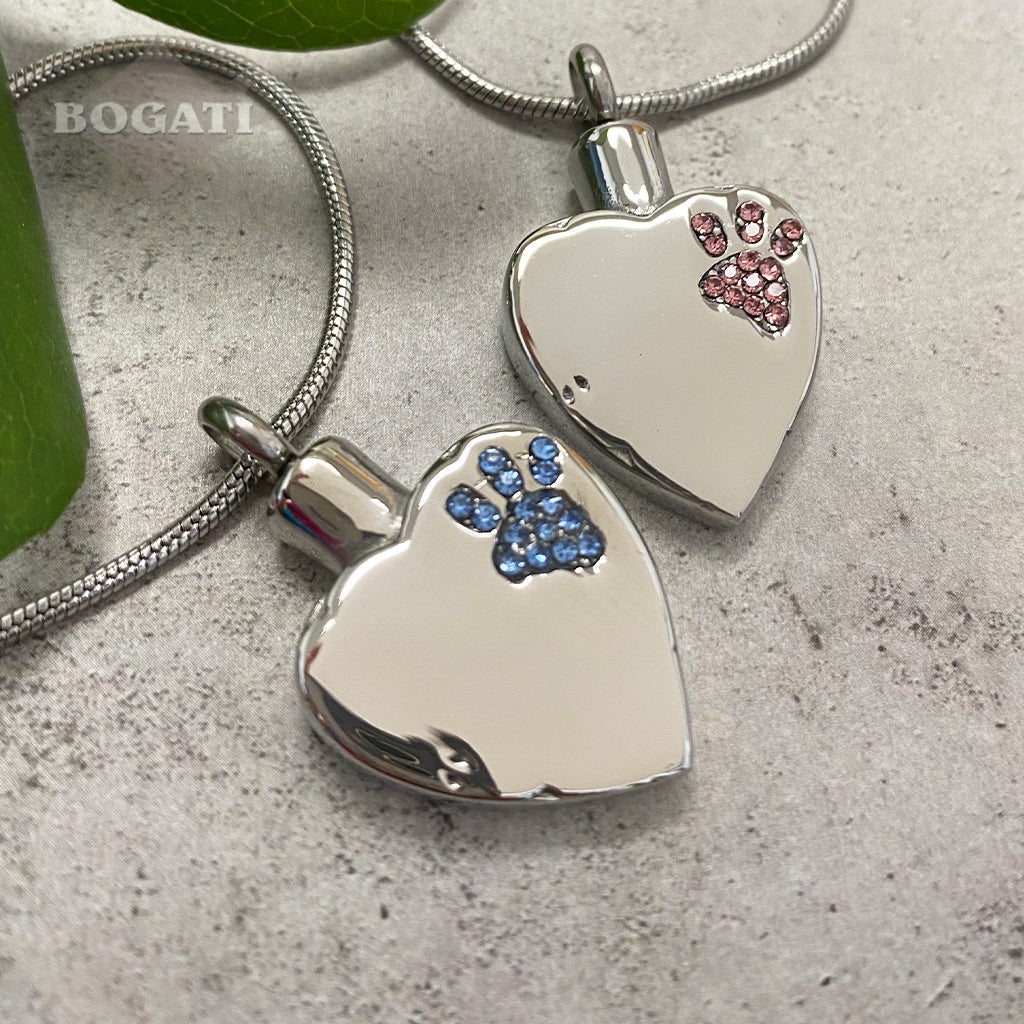 J-425 Sparkling Paw Print Silver-tone Heart - Pendant with Chain