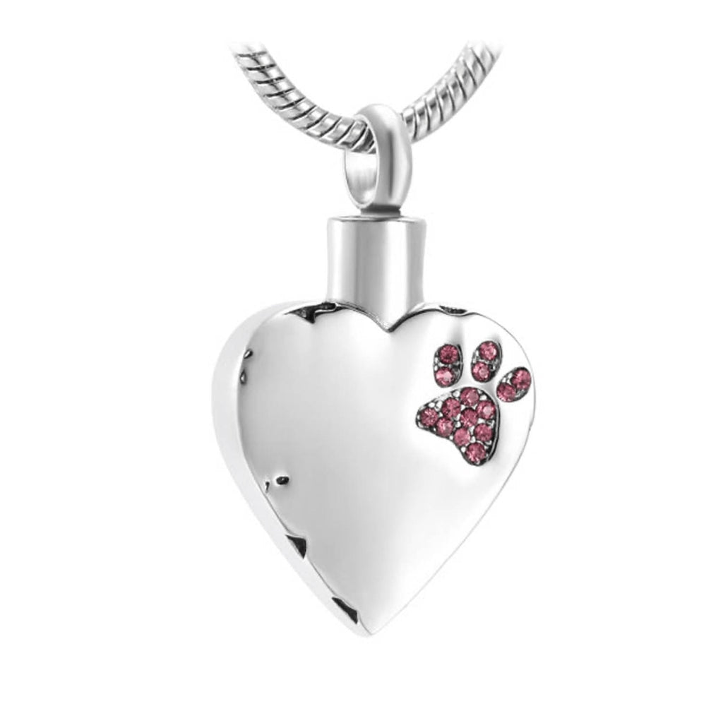 J-425 Sparkling Paw Print Silver-tone Heart - Pendant with Chain - Pink