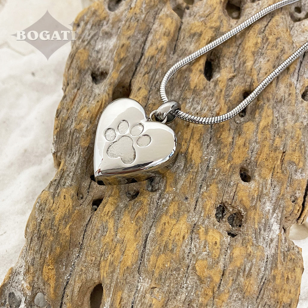 J-455 - Etched Paw Print Heart - Silver-tone - Pendant with Chain