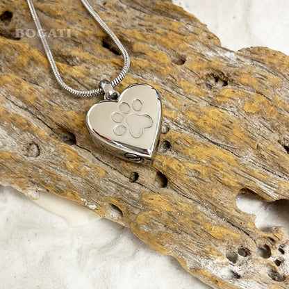 J-455 - Etched Paw Print Heart - Silver-tone - Pendant with Chain