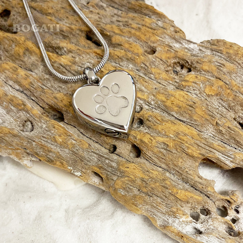 J-455 - Etched Paw Print Heart - Silver-tone - Pendant with Chain