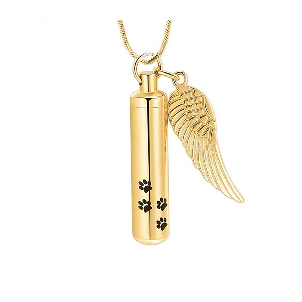 J-525 Cylinder with Paw Prints and Wing – Pendant with Chain - Gold