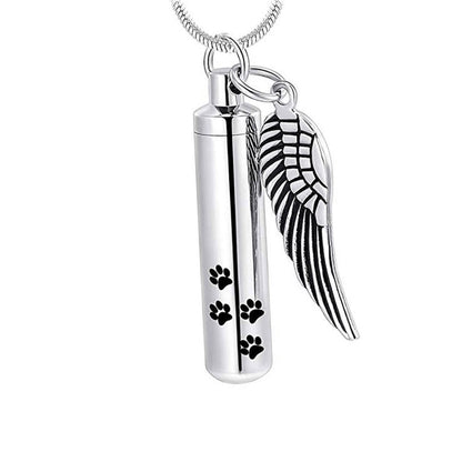 J-525 Cylinder with Paw Prints and Wing – Pendant with Chain - Silver