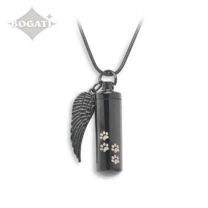 J-527 Cylinder with Paw Prints and Wing - Pendant with Chain - Black