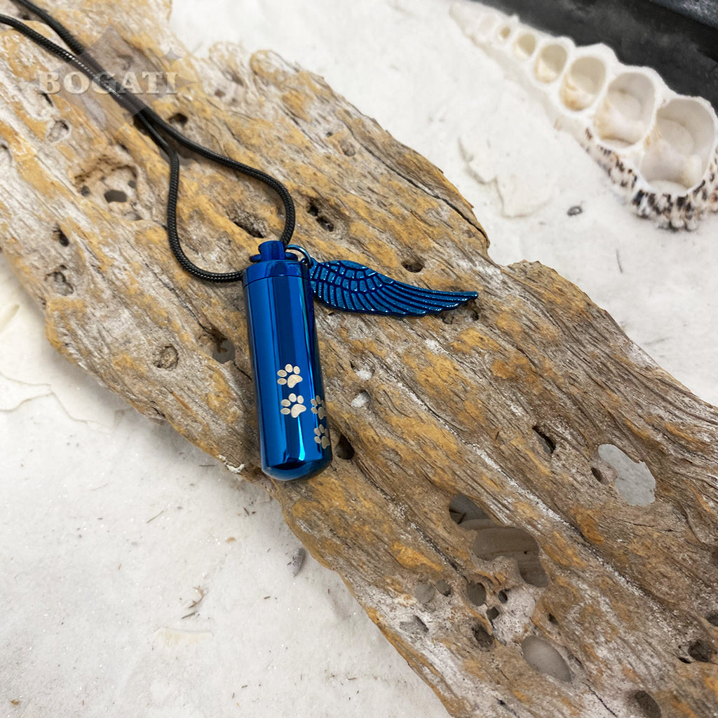 Blu cylinder with pawprints - Memorial Necklace - Bogati