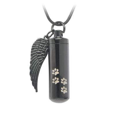 J-527 Cylinder with Paw Prints and Wing - Pendant with Chain Black