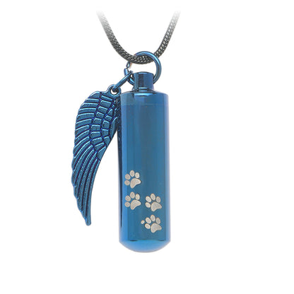 J-527 Cylinder with Paw Prints and Wing - Pendant with Chain Blue