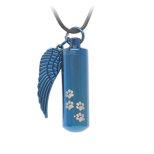 J-527 Cylinder with Paw Prints and Wing - Pendant with Chain Blue