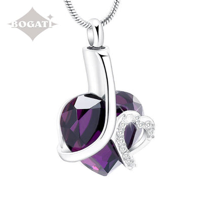 Purple Glass Heart with Rhinestones - Pendant with Chain