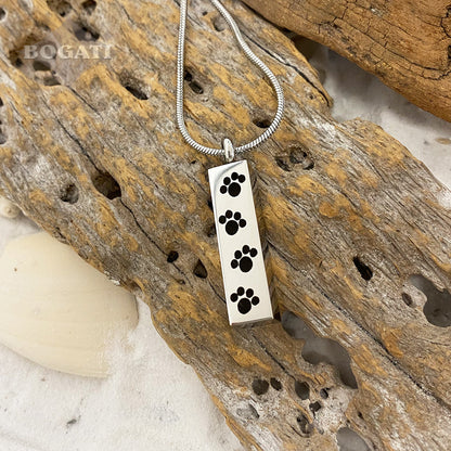J-600 Bar with Four Paw Prints - Silver-tone - Pendant with Chain