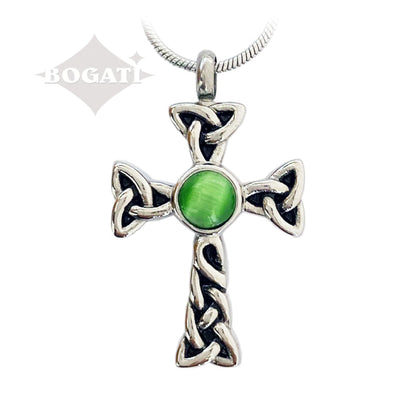 J 601 Celtic Cross with Green Stone Pendant with Chain
