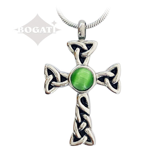 J 601 Celtic Cross with Green Stone Pendant with Chain