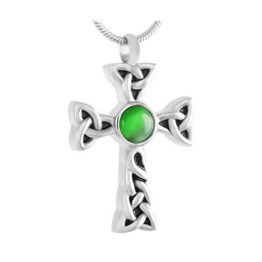 J-601 - Celtic Cross with Green Stone - Pendant with Chain