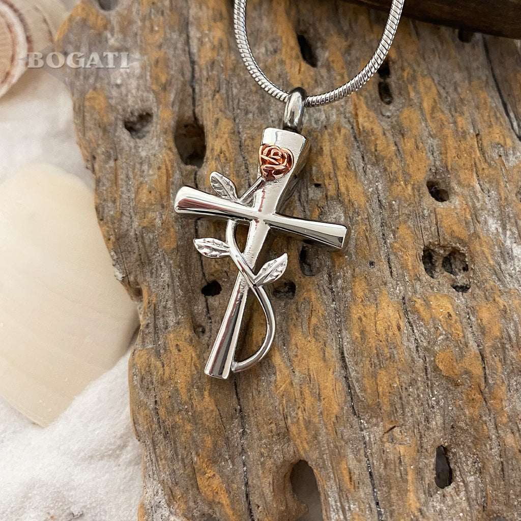 J-610 - Silver-tone Cross with Vine and Rose Flower in Rose Gold-tone - Pendant with Chain
