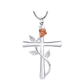 J-610 - Silver-tone Cross with Vine and Rose Flower in Rose Gold-tone - Pendant with Chain