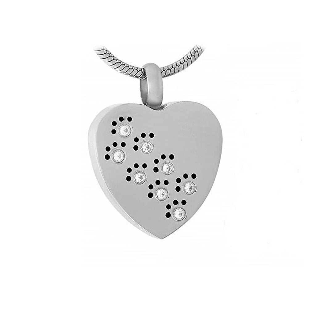 J-623 - Silver-tone Heart with Paw Print Rhinestones - Pendant with Chain - Clear