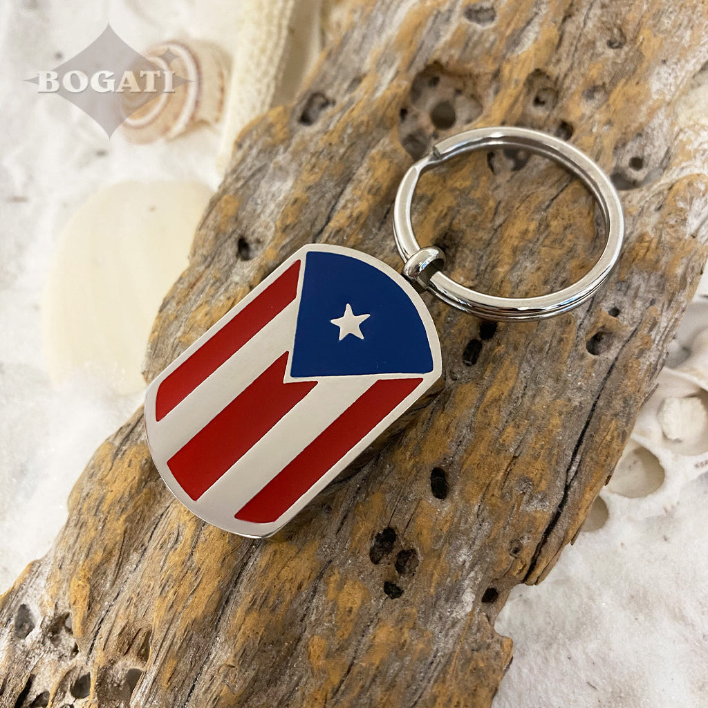 J-671 Puerto Rican Flag Tag - Silver-tone - Keychain