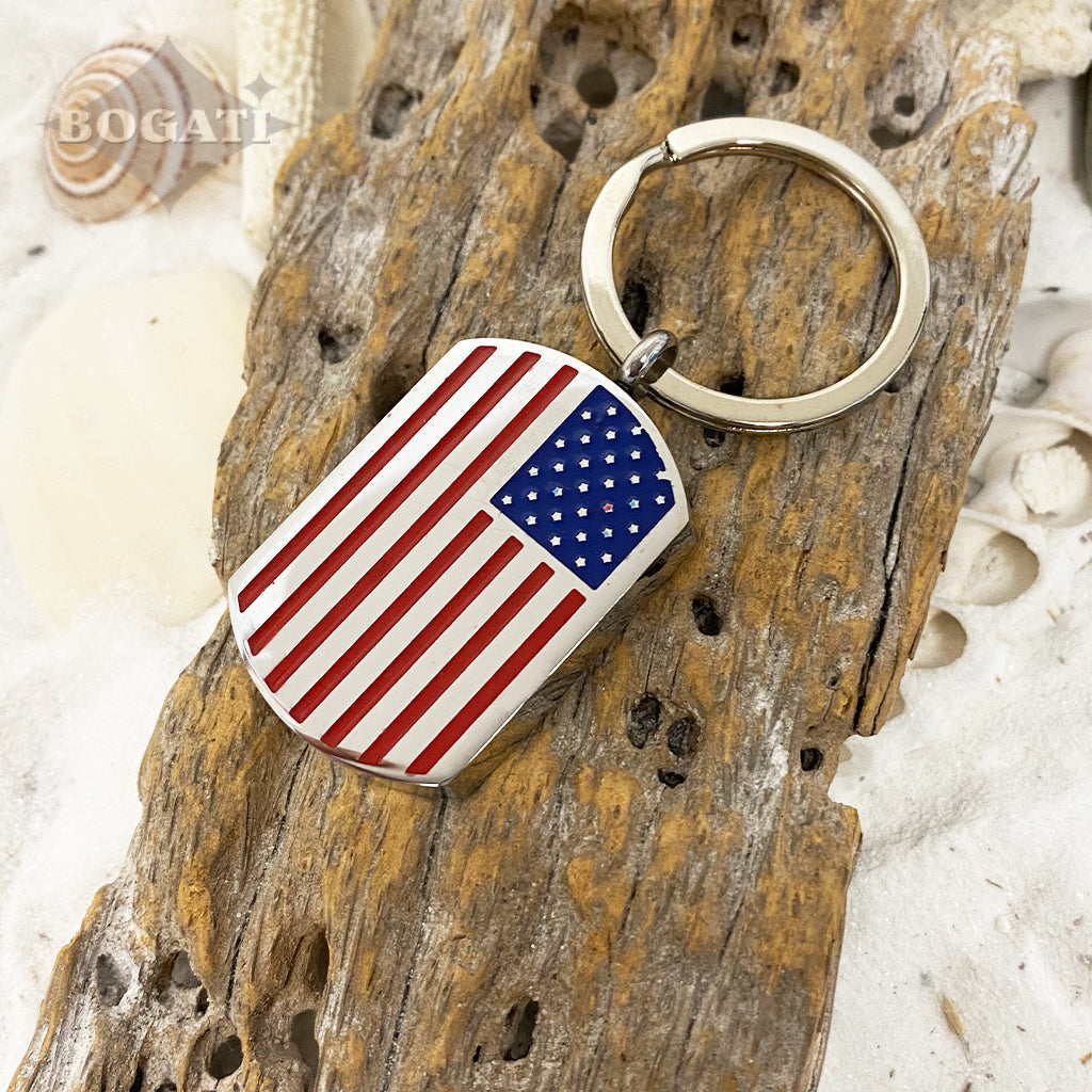 J-671- USA Flag Tag - Silver-tone - Keychain