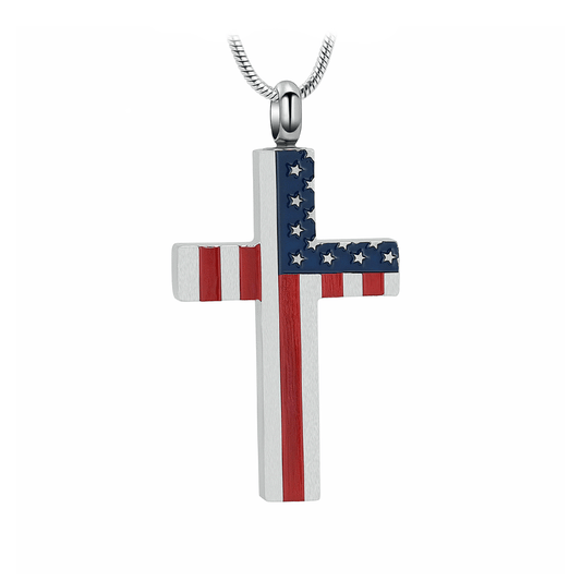 J-704 - Patriotic Cross -Silver-tone - Pendant with Chain