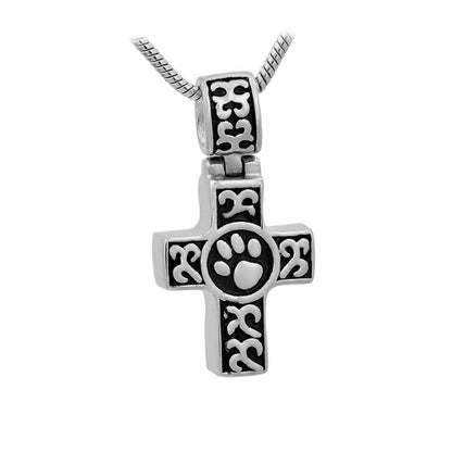 J-780 - Celtic Cross with Paw Print - Silver-tone - Pendant with Chain