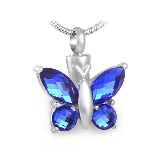 J-7948 - Cut Glass Butterfly Pendant With Chain Dark Blue