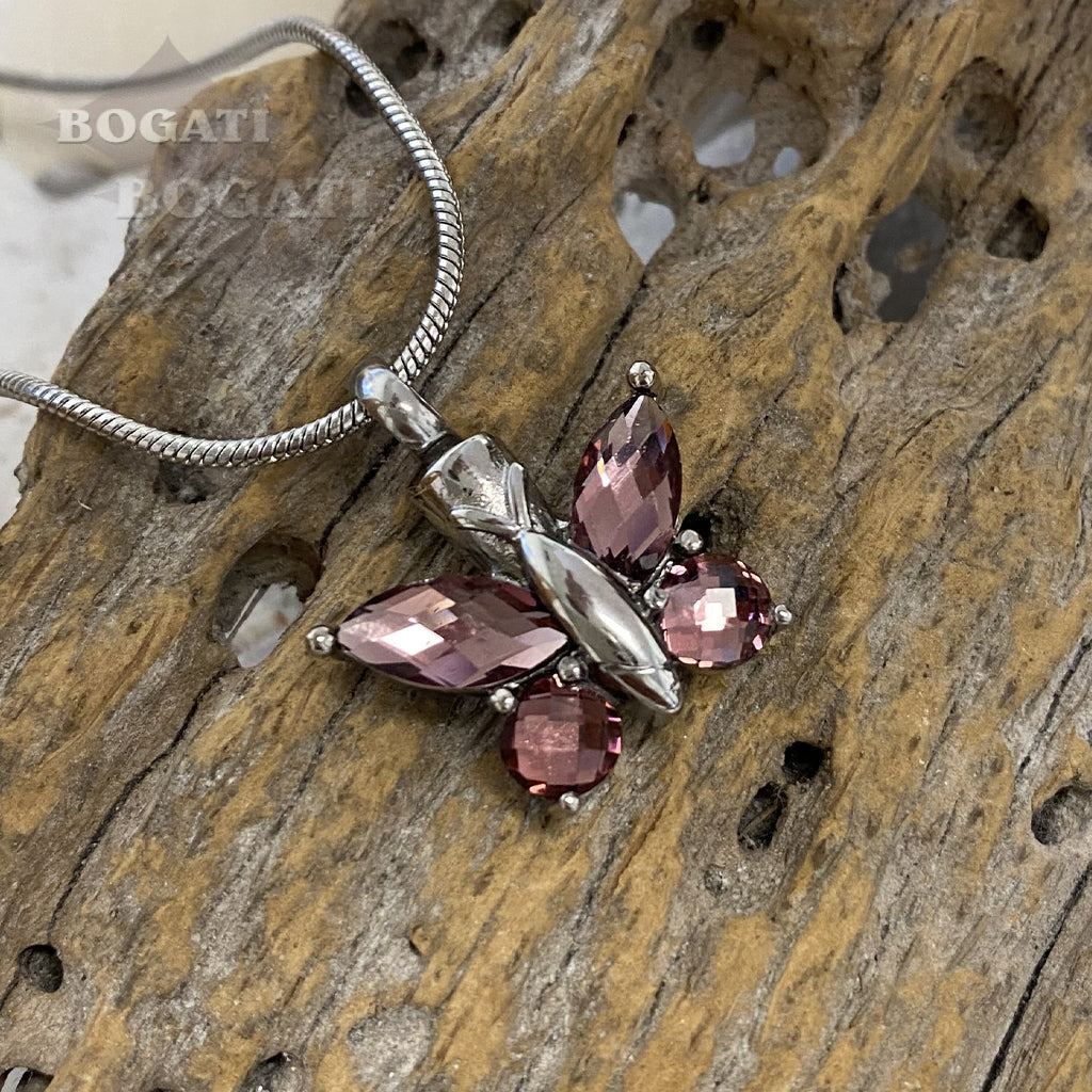 J - 7948 - Cut Glass Butterfly Pendant With Chain