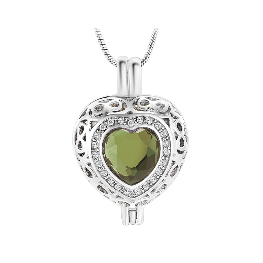 J-806 Silver-tone Heart Locket with Birthstone Simulated Gem August